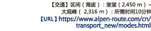 【交通 】区间（海拔）：室堂（2,450 ｍ）～大观峰（ 2,316 ｍ）：所需时间10分钟【URL】https://www.alpen-route.com/cn/transport_new/modes.html