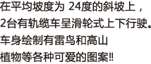 在平均坡度为 24度的斜坡上，2台有轨缆车呈滑轮式上下行驶。车身绘制有雷鸟和高山植物等各种可爱的图案‼