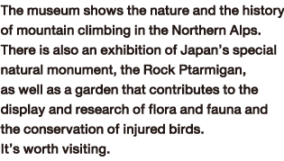 The museum shows the nature and the history of mountain climbing in the Northern Alps. There is also an exhibition of Japan’s special natural monument, the Rock Ptarmigan, as well as a garden that contributes to the display and research of flora and fauna and the conservation of injured birds. It’s worth visiting.