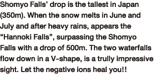 Shomyo Falls’ drop is the tallest in Japan (350m). When the snow melts in June and July and after heavy rains, appears the “Hannoki Falls”, surpassing the Shomyo Falls with a drop of 500m. The two waterfalls flow down in a V-shape, is a trully impressive sight. Let the negative ions heal you!!