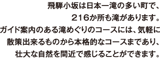 飛騨小坂は日本一滝の多い町で、216か所も滝があります。ガイド案内のある滝めぐりのコースには、気軽に散策出来るものから本格的なコースまであり、壮大な自然を間近で感じることができます。