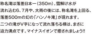 称名滝は落差日本一（350m）。雪解け水が流れ込む６、７月や、大雨の後には、称名滝を上回る、落差500ｍの幻の「ハンノキ滝」が現れます。二つの滝がＶ字になって流れ落ちる様は、まさに迫力満点です。マイナスイオンで癒されましょう！！