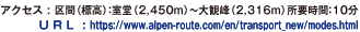 アクセス : 区間（標高）：室堂（2,450ｍ）～大観峰（2,316ｍ）所要時間：10分。U R L : https://www.alpen-route.com/en/transport_new/modes.html。