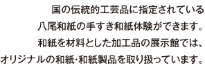 国の伝統的工芸品に指定されている八尾和紙の手すき和紙体験ができます。和紙を材料とした加工品の展示館では、オリジナルの和紙・和紙製品を取り扱っています。